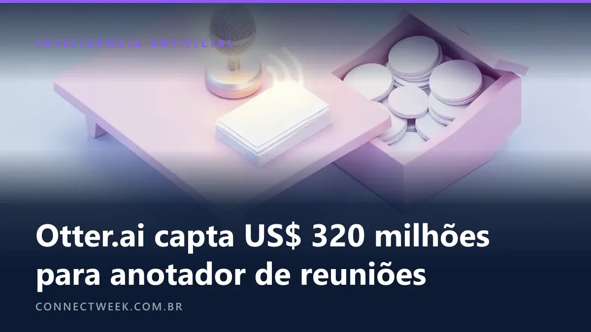 Mesa de reunião com microfone central cujas ondas viram anotações, ao lado de um cofre cheio de discos
