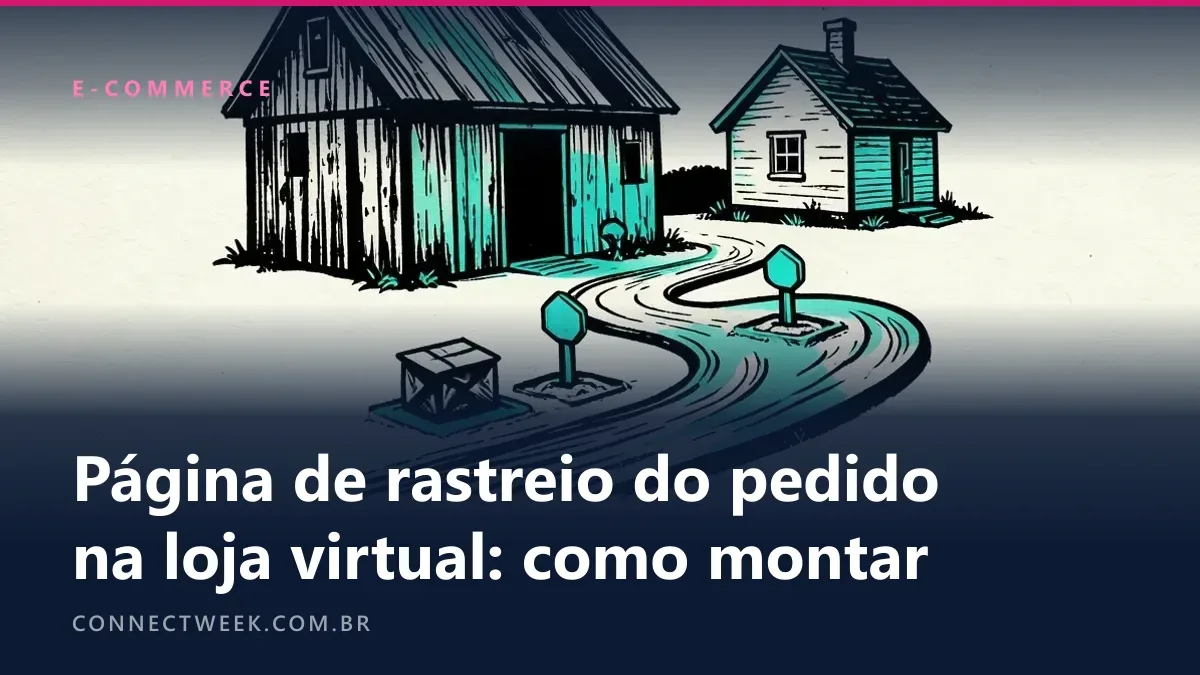 Linogravura em preto com acento verde-azulado: uma estrada sinuosa ligando um armazém a uma casa, com uma caixa em uma das paradas