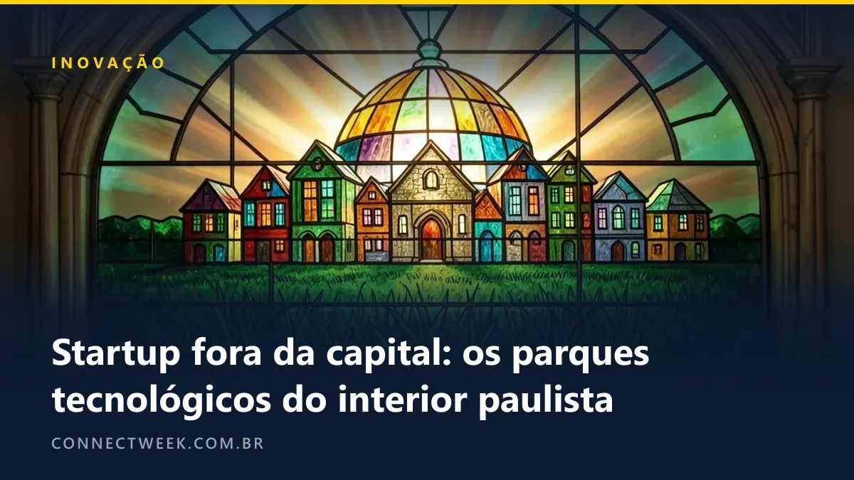 Vitral com pequenos prédios de vidro e uma cúpula luminosa sobre um campo verde