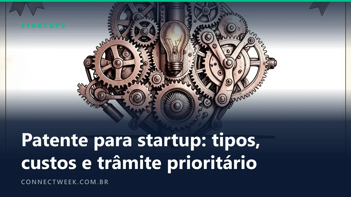 Gravura de um invento com engrenagens e lâmpada, com fita e selo no canto