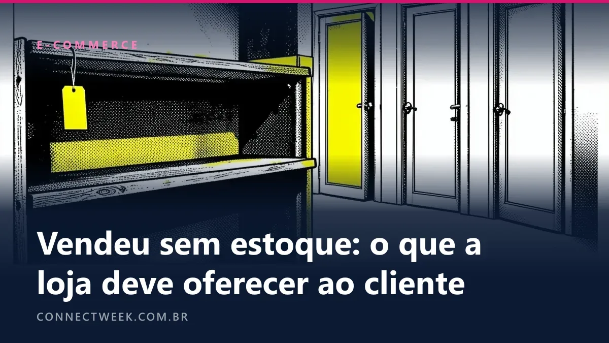 Quadrinho em preto e branco com acento amarelo: uma prateleira vazia com uma etiqueta pendurada e três portas iguais ao lado