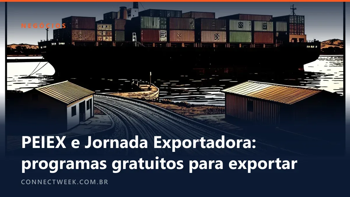 Navio de contêineres saindo do porto e estrada vindo de uma pequena fábrica