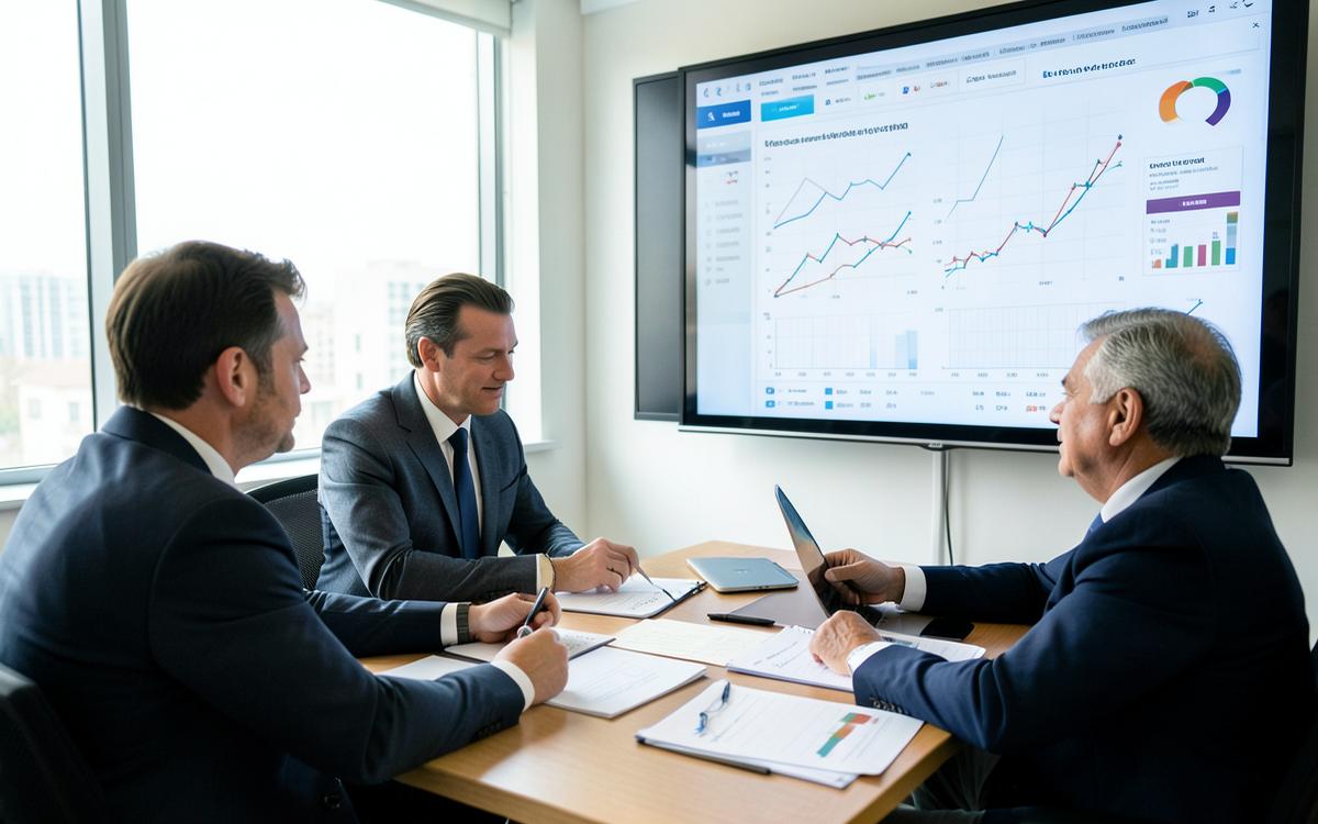 Equipe analisa gráficos de investimento em tela durante reunião