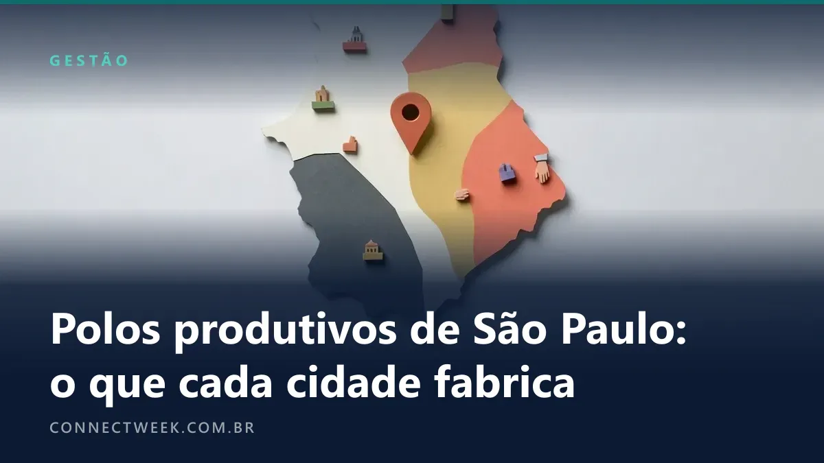Mapa em relevo de papel do Estado com pequenos blocos coloridos representando cidades, cada um com um objeto em cima