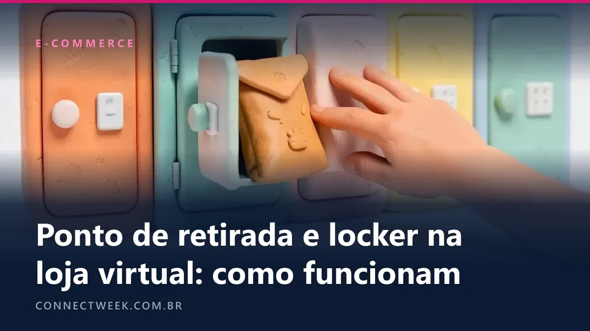 Armários de encomendas modelados em massinha nas cores laranja, verde-água e amarelo, com uma porta aberta mostrando um pacote e uma mão de massinha pegando-o