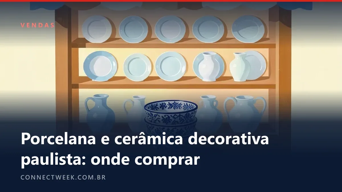 Guache naïf de pratos, vasos e tigelas de cerâmica em prateleiras e um pequeno toldo de loja em azul e branco