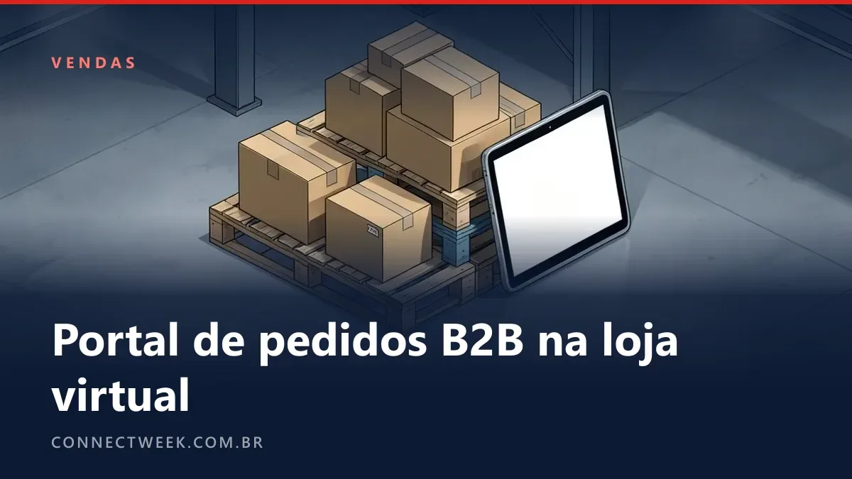 Doca com paletes de caixas e um tablet com formulário de pedido