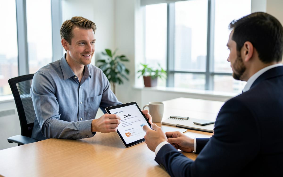 Profissional de serviços apresenta proposta de preços em um tablet para cliente em reunião