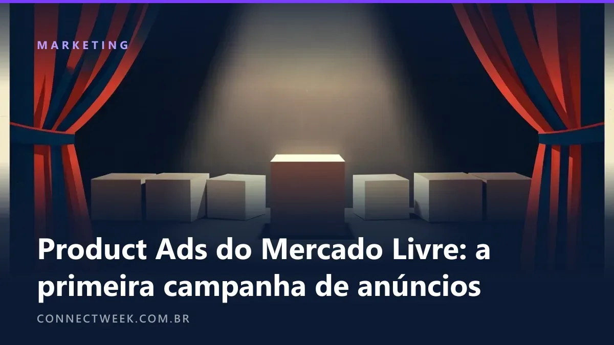 Cartaz de circo com um palco e uma fileira de caixas iguais, uma delas sob um facho de luz, entre cortinas listradas