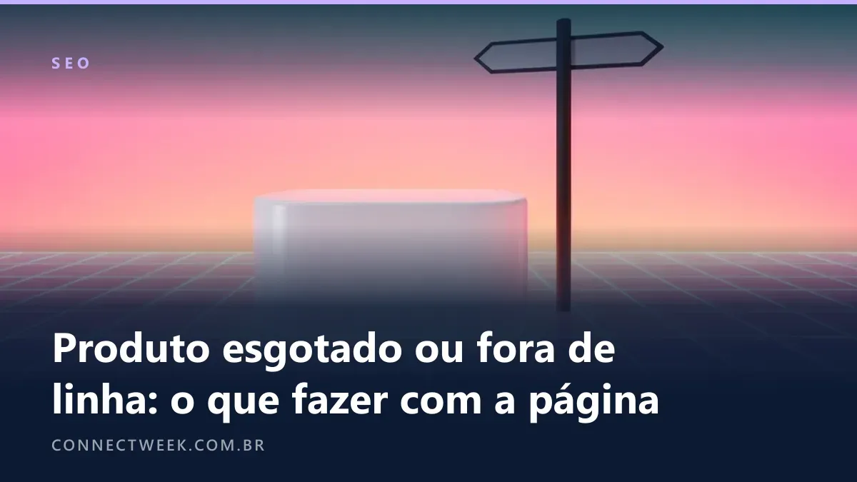 Estética vaporwave com um pedestal vazio sobre piso de grade luminosa e uma placa em branco com duas setas opostas