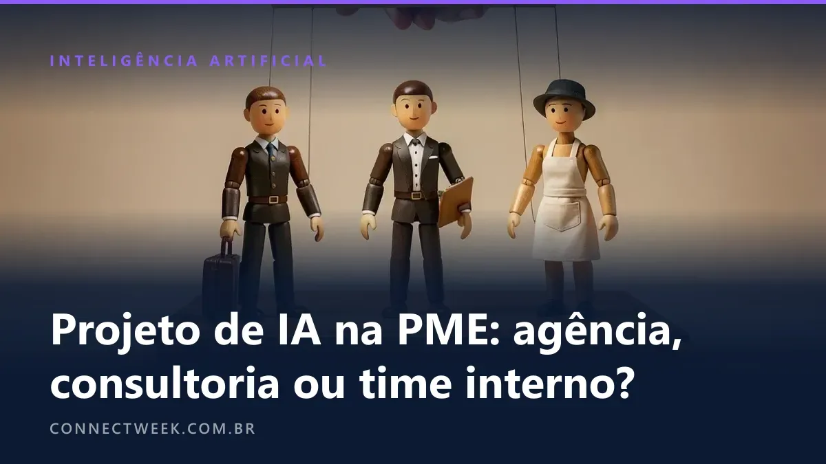 Três marionetes de madeira num palco, uma com mala, outra com prancheta e outra de avental de loja, com os fios presos a uma cruzeta segurada por uma mão