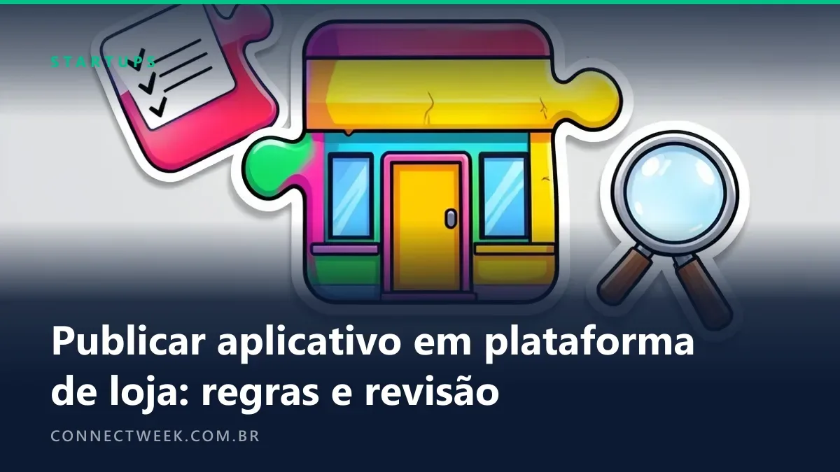 Peça de quebra-cabeça de aplicativo encaixando numa loja, com adesivos de lista e lupa