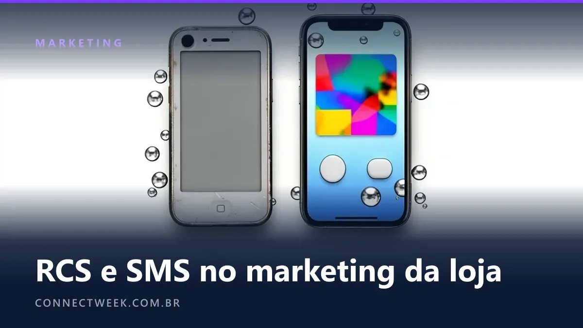 Celular antigo de tela cinza ao lado de smartphone com cartão colorido e botões