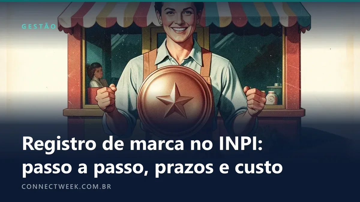 Cartaz retrô dos anos 1950 com um lojista de avental sorrindo e erguendo um grande selo redondo com uma estrela, diante de uma loja com toldo listrado