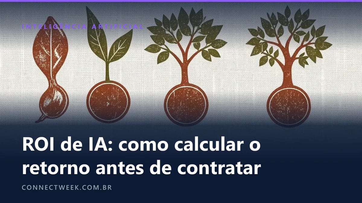 Estampa têxtil com motivos repetidos de semente, broto e árvore em sequência, cada um com uma moeda na raiz, em tons de oliva, ferrugem e creme