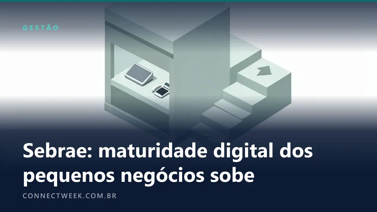 Pequena loja com notebook, maquininha e celular no balcão, ao lado de uma escada de blocos subindo com um degrau faltando