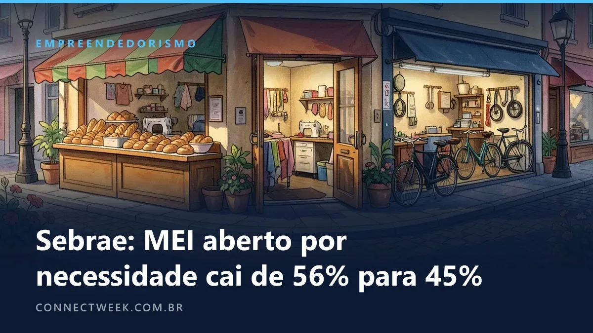 Esquina pintada em guache com padaria, ateliê de costura e bicicletaria abrindo