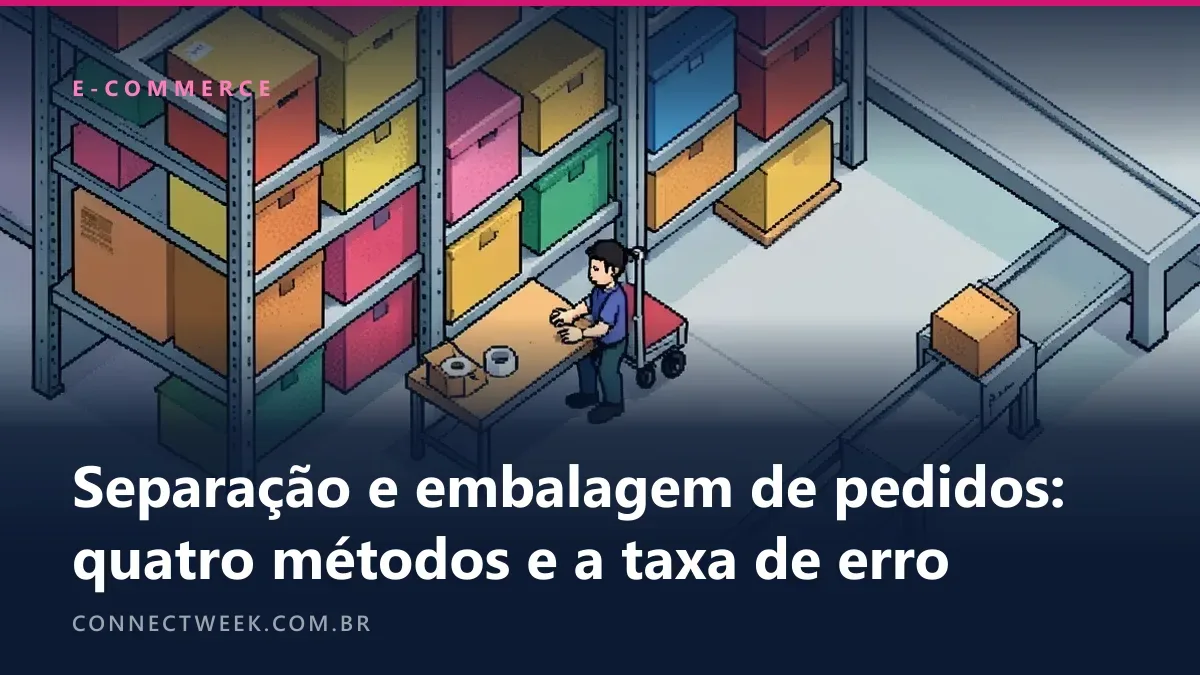 Pixel art isométrica de um pequeno depósito com prateleiras de caixas coloridas, um trabalhador empurrando carrinho, bancada de embalagem e esteira