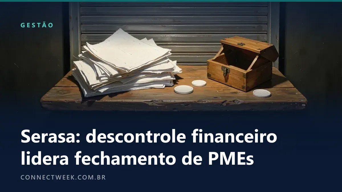 Balcão de pequena loja diante de porta de enrolar fechada, com papéis espalhados saindo da gaveta e caixa vazia tombada