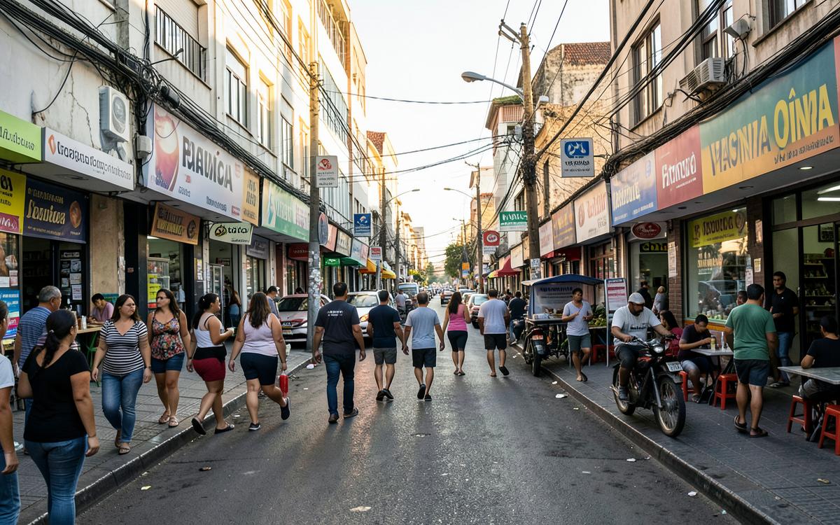 Rua comercial movimentada com lojas e serviços no fim da tarde