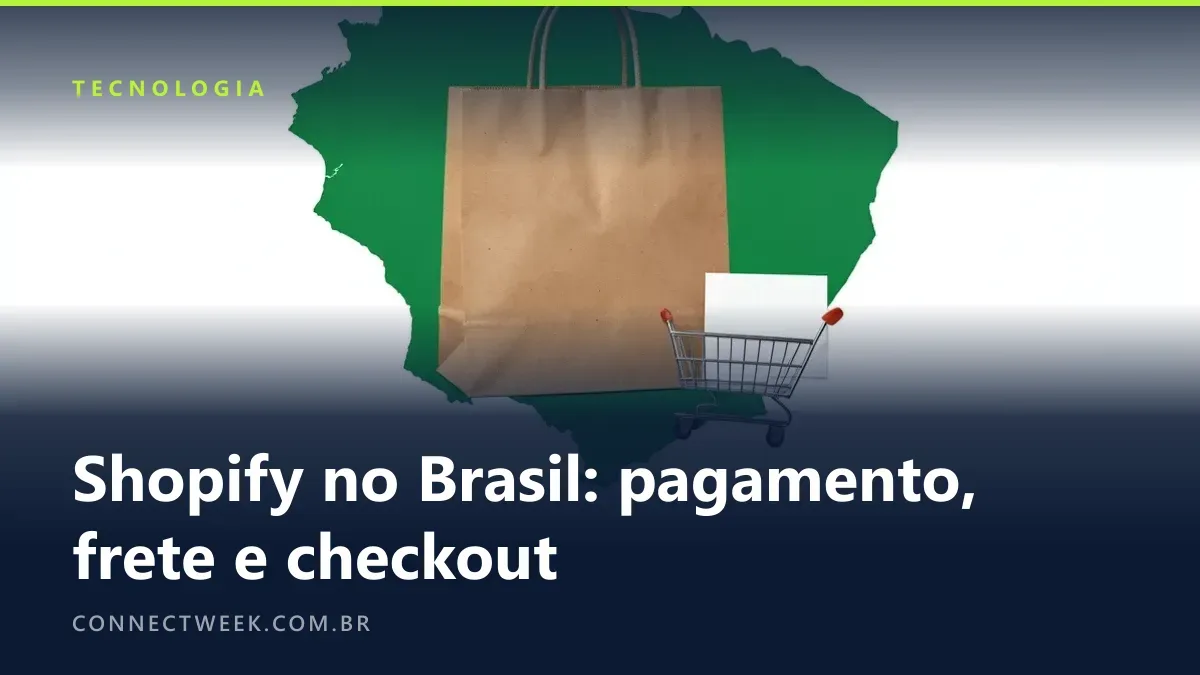 Sacola de papel sobre a silhueta do Brasil com cartão, pacote e carrinho