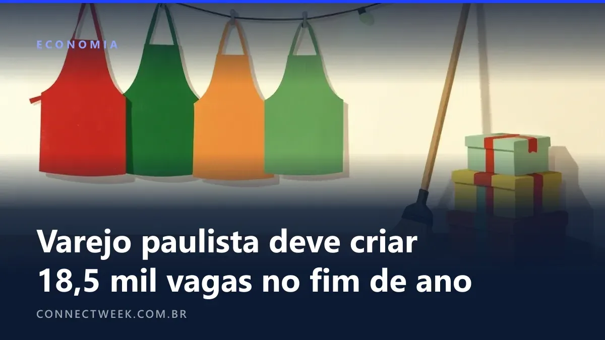 Guache naïf de aventais de loja pendurados em ganchos sob um cordão de luzes coloridas, com vassoura e caixas de presente no canto