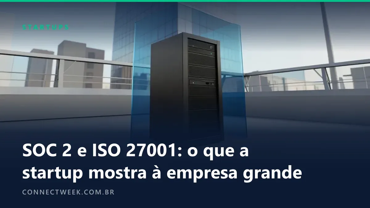 Servidor pequeno protegido por um escudo diante de uma torre corporativa