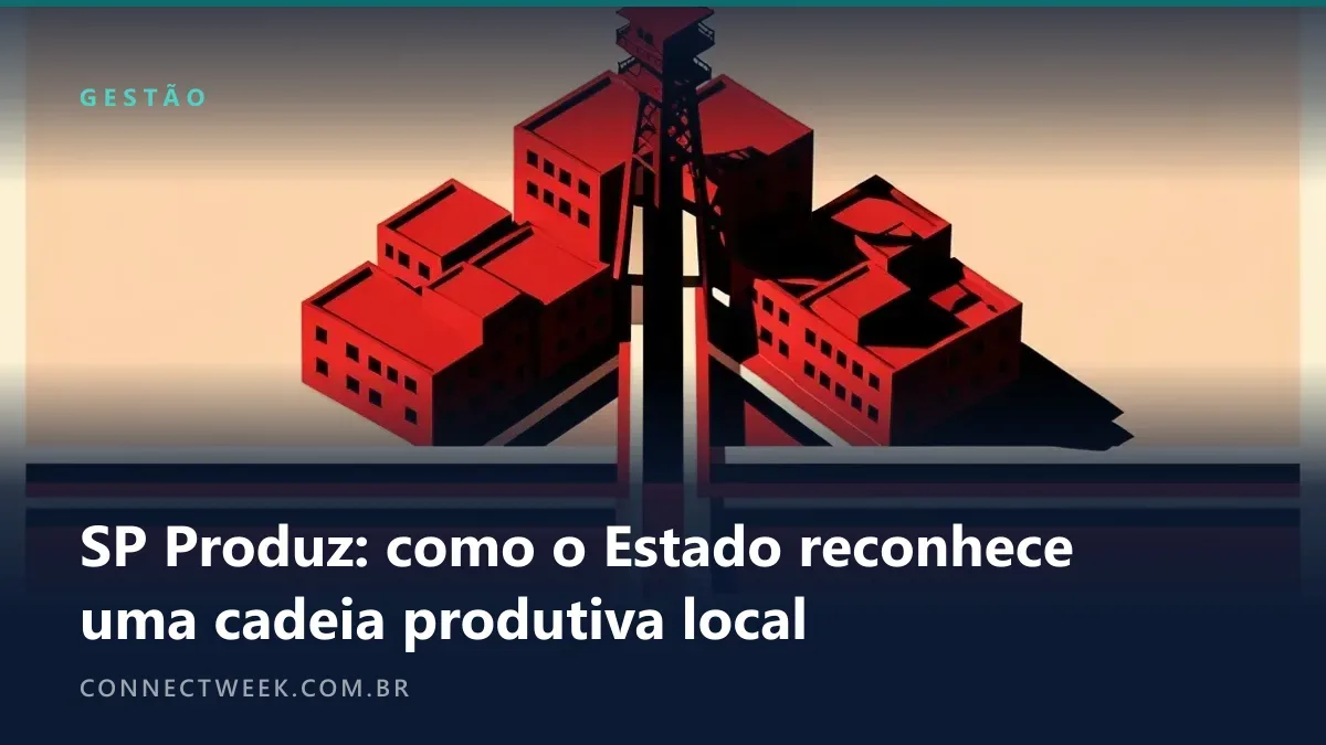 Cartaz industrial em vermelho, preto e creme com pequenas fábricas agrupadas e ligadas a uma torre central