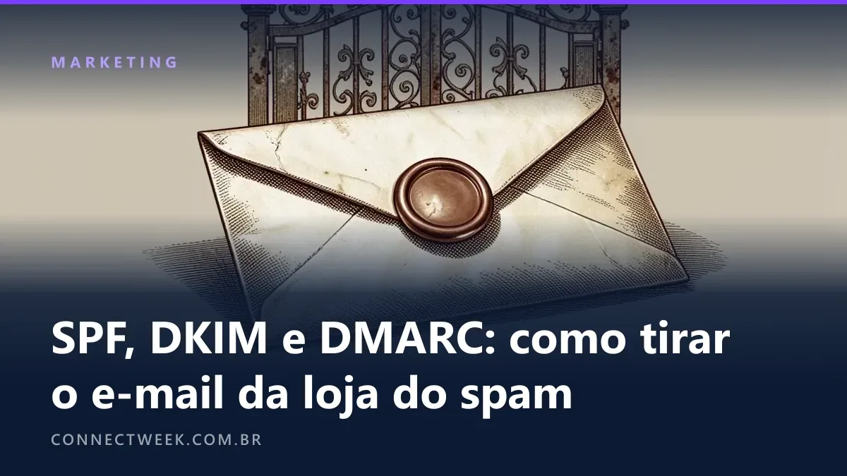 Gravura em sépia de um envelope fechado com lacre de cera diante de um portão de ferro ornamentado