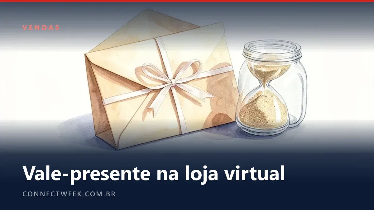 Cartão-presente num envelope com fita, ampulheta e pote meio cheio