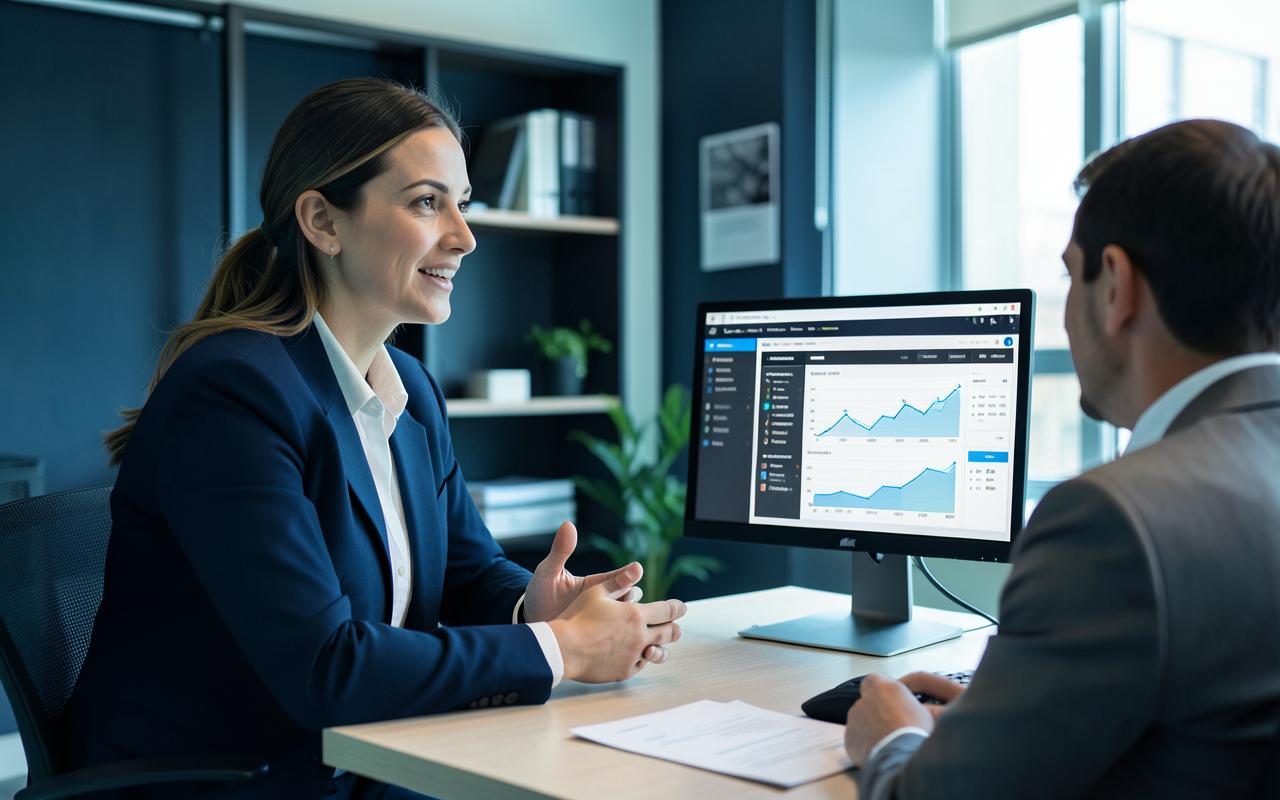 Vendedora em reunião consultiva com cliente e funil de CRM na tela