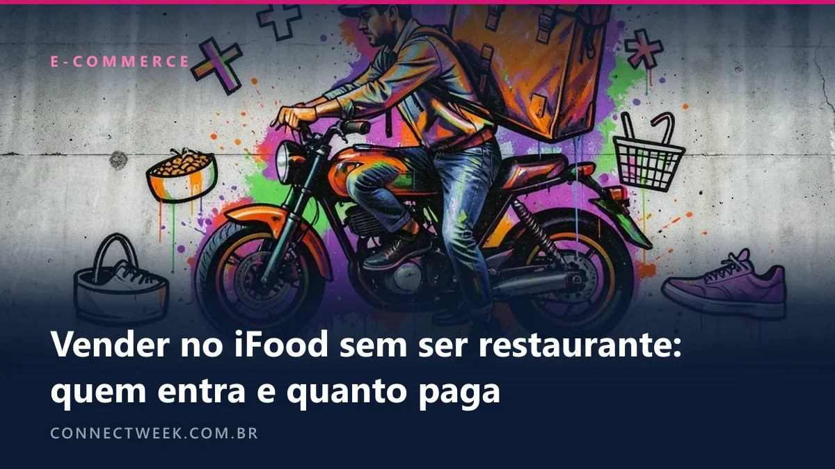 Mural de grafite em muro de concreto com um entregador de moto e mochila quadrada pintado em spray colorido, cercado por estênceis de tigela de ração, cruz de farmácia, cesta de compras e tênis