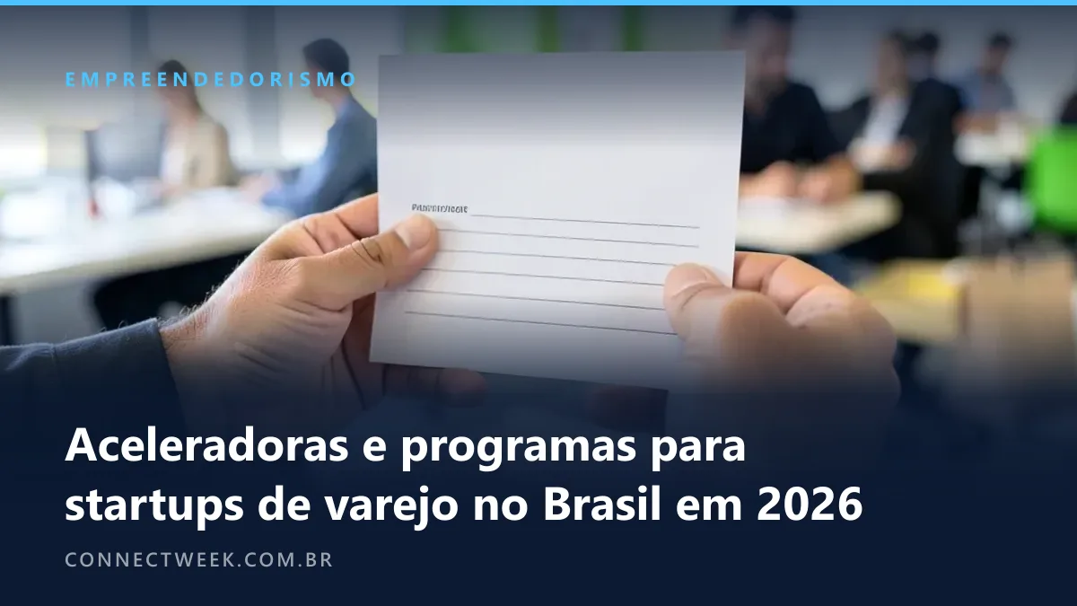 Mãos de fundadora segurando um formulário de inscrição impresso em branco num coworking, crachá em branco, pessoas desfocadas