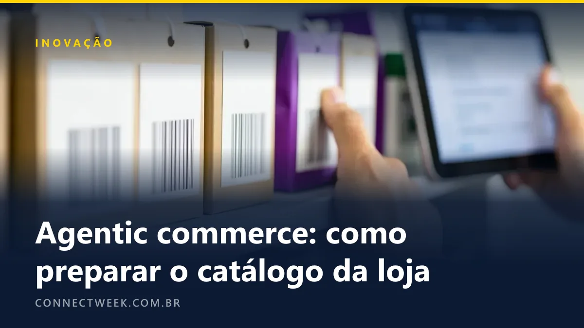 Fileira de produtos numa prateleira, cada um com etiqueta de código de barras em branco, tablet com lista desfocada ao lado