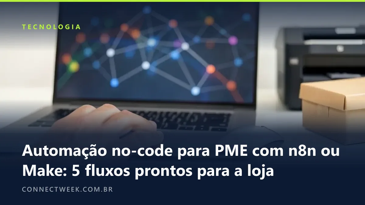 Tela de notebook com fluxo visual de nós conectados desfocado, mão no mouse, impressora de etiquetas e pacote ao lado