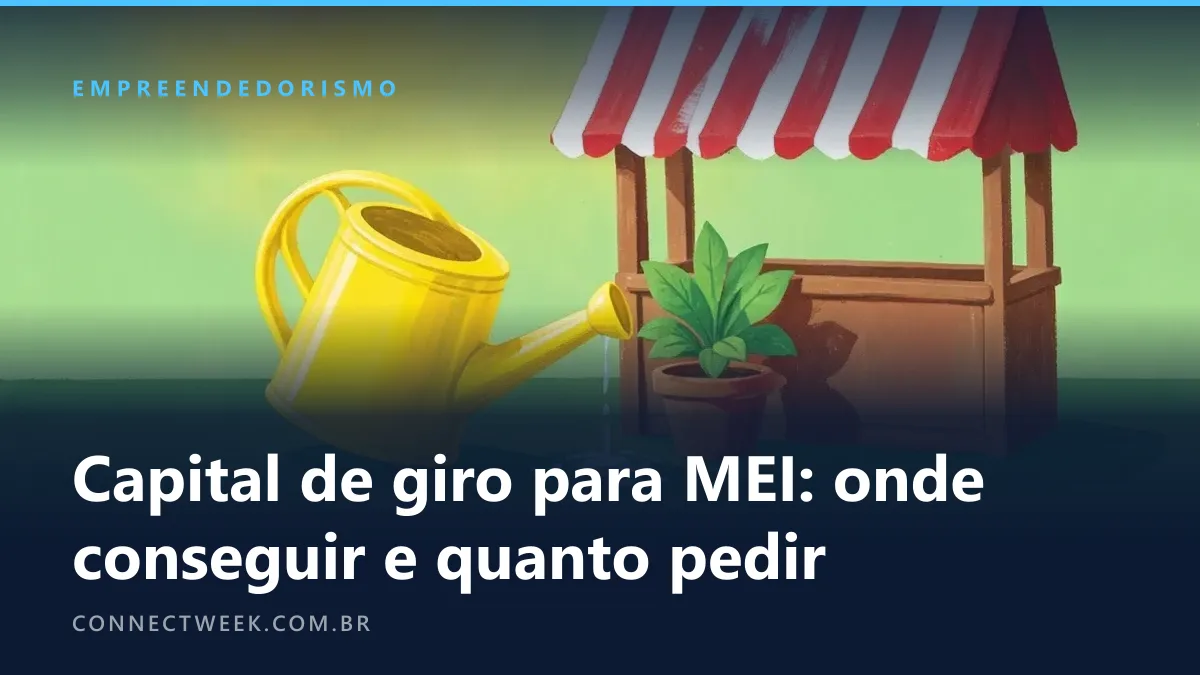 Guache naïf de um regador molhando um vaso de planta ao lado de uma banquinha com toldo listrado