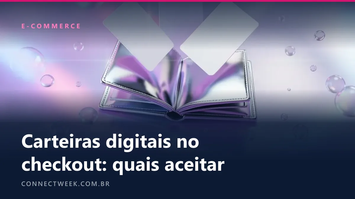 Render em estética Y2K de uma carteira cromada aberta como um livro, com três cartões em branco saindo dela
