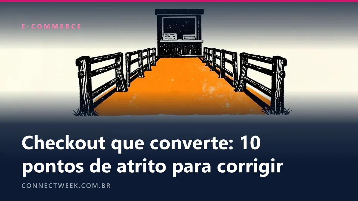 Linogravura em preto com um caminho laranja entre cercas de madeira levando a um pequeno caixa de loja