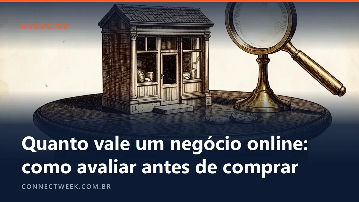 Gravura em cobre em sépia de uma loja em miniatura sobre uma mesa, sob uma grande lupa de pedestal, com moedas ao lado