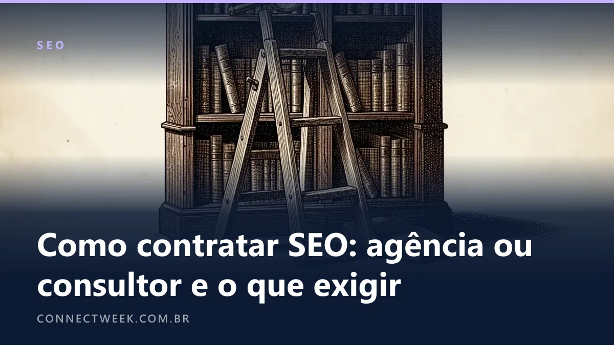 Gravura em sépia de uma escada encostada numa estante de livros, com uma lupa num dos degraus