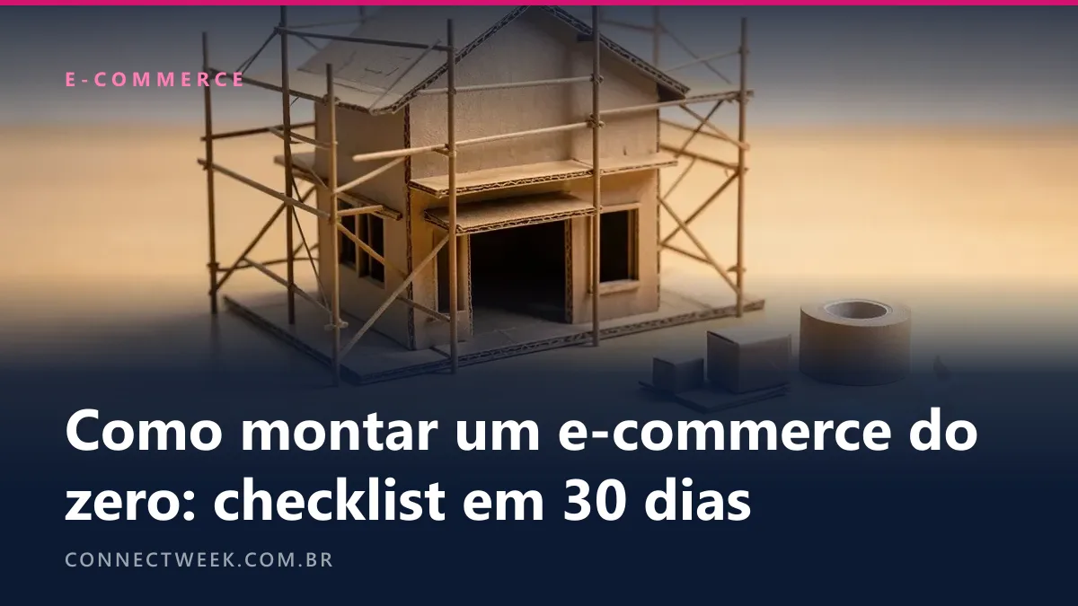 Maquete de uma lojinha em construção cercada por andaimes de papelão, com pacotes minúsculos e um rolo de fita ao lado
