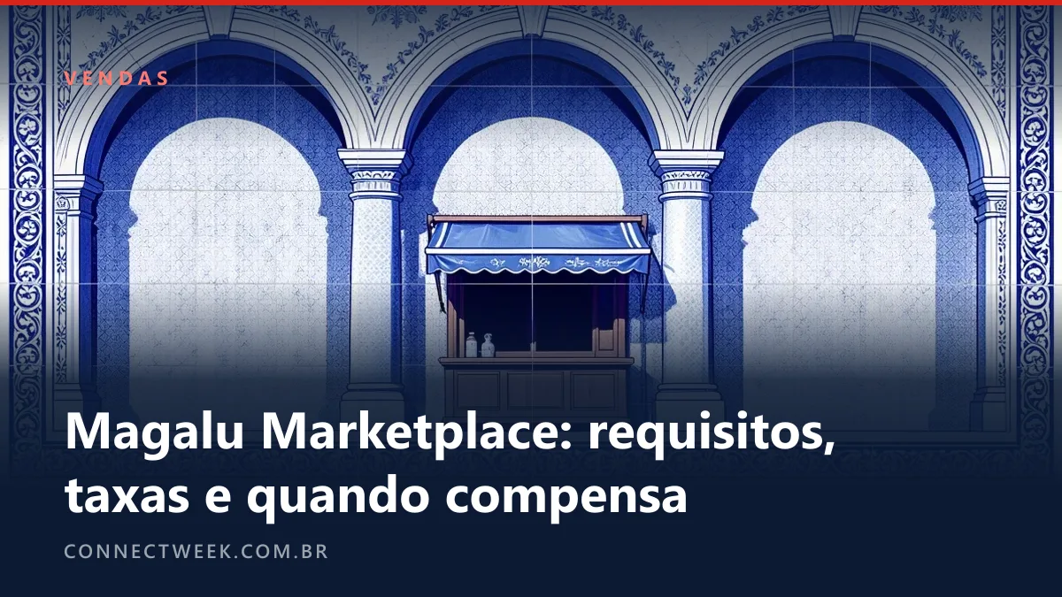 Painel de azulejo de uma galeria comercial com arcos iguais e uma banca pequena de toldo sob o último arco