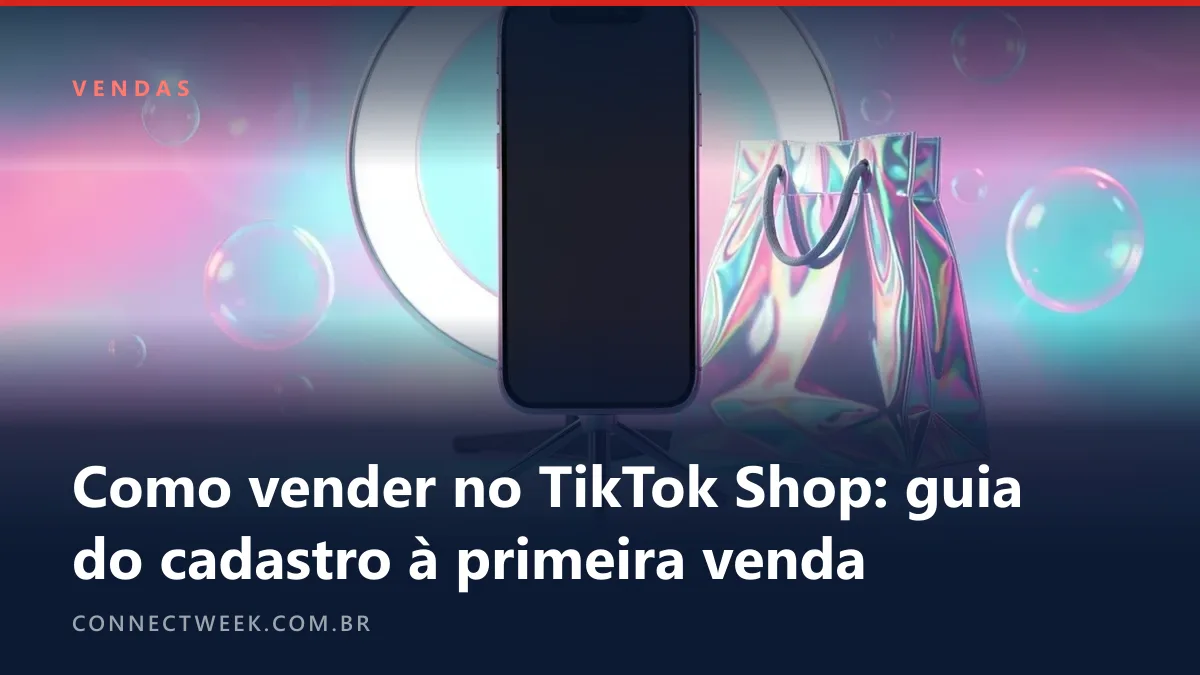 Render em estética Y2K de um celular cromado num tripé com ring light atrás e uma sacola de compras brilhante ao lado