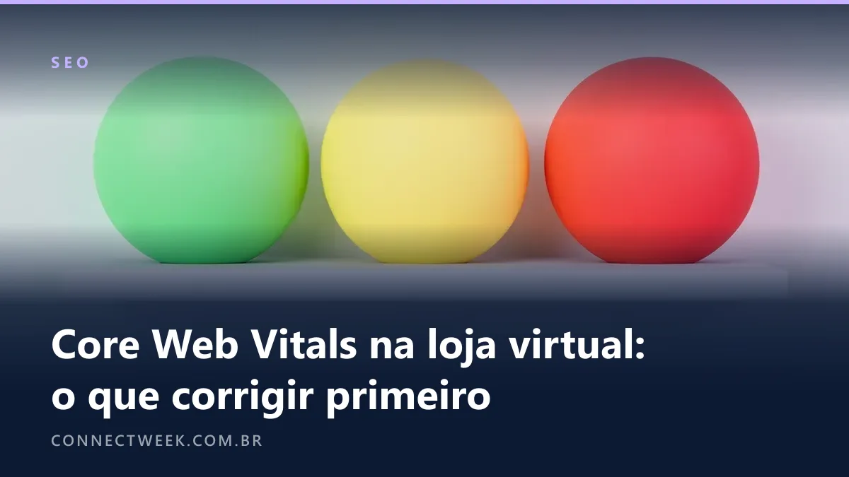 Render 3D fosco de três lâmpadas redondas em fila, uma verde, uma amarela e uma vermelha, ao lado de um bloco de lojinha