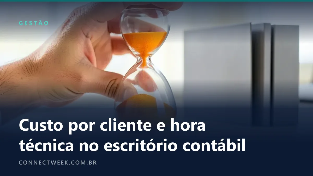 Mão segurando sobre a mesa uma ampulheta de areia laranja escorrendo, ao lado de pastas cinza de clientes em pé