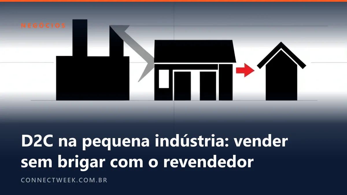 Cartaz suíço em preto com uma fábrica, uma loja e uma casa em fila, ligadas por uma seta cinza e uma vermelha