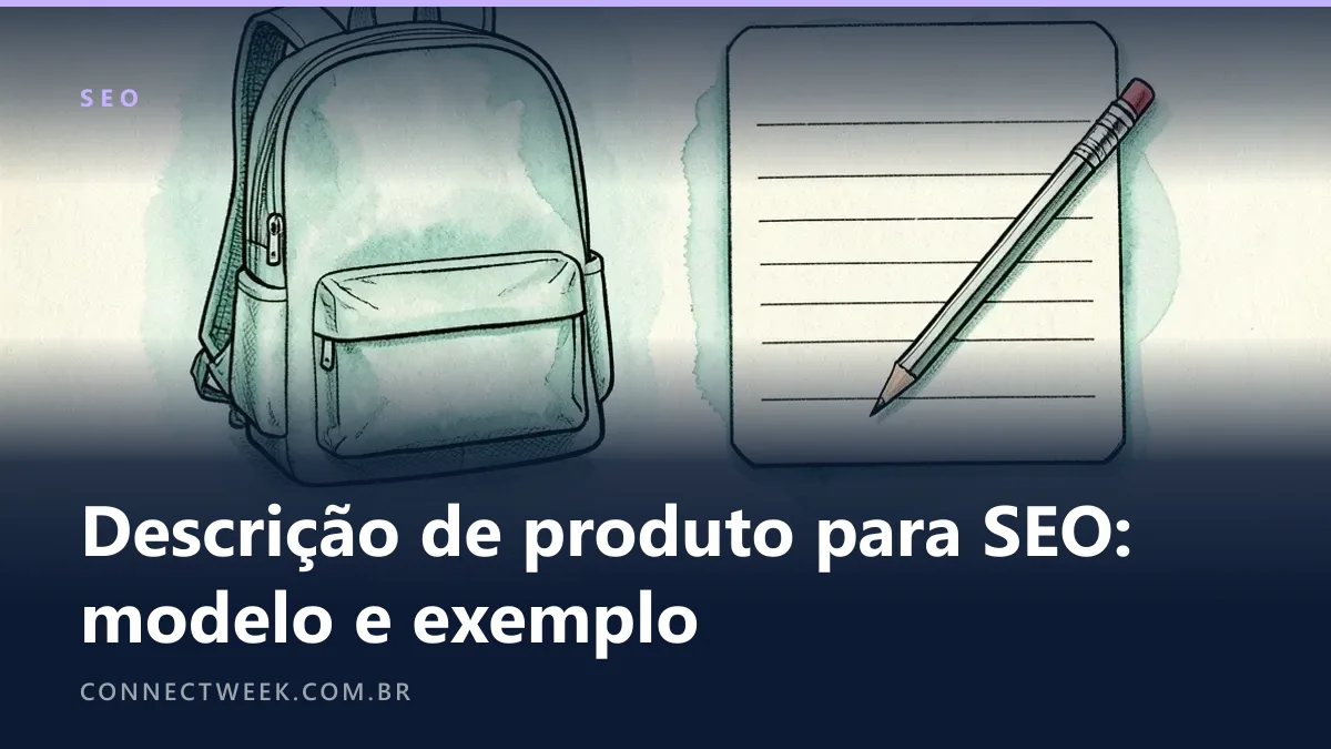 Desenho a tinta de uma mochila à esquerda e, à direita, um cartão com linhas vazias e um lápis por cima