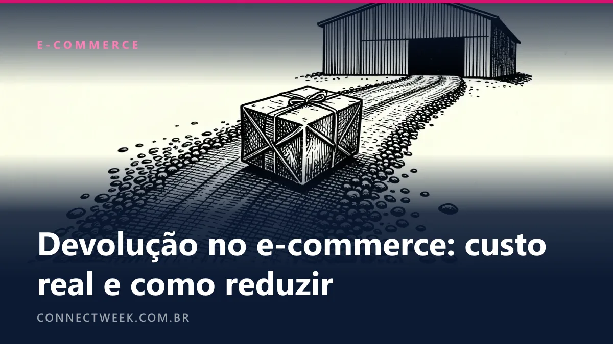 Xilogravura de um pacote numa estrada em curva que volta a um armazém, com pedrinhas pelo caminho
