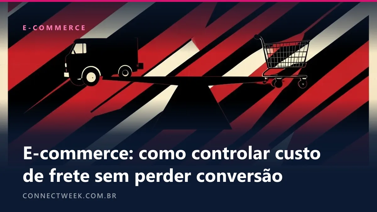 Cartaz industrial em preto, vermelho e creme de uma gangorra com um caminhão numa ponta e um carrinho de compras na outra