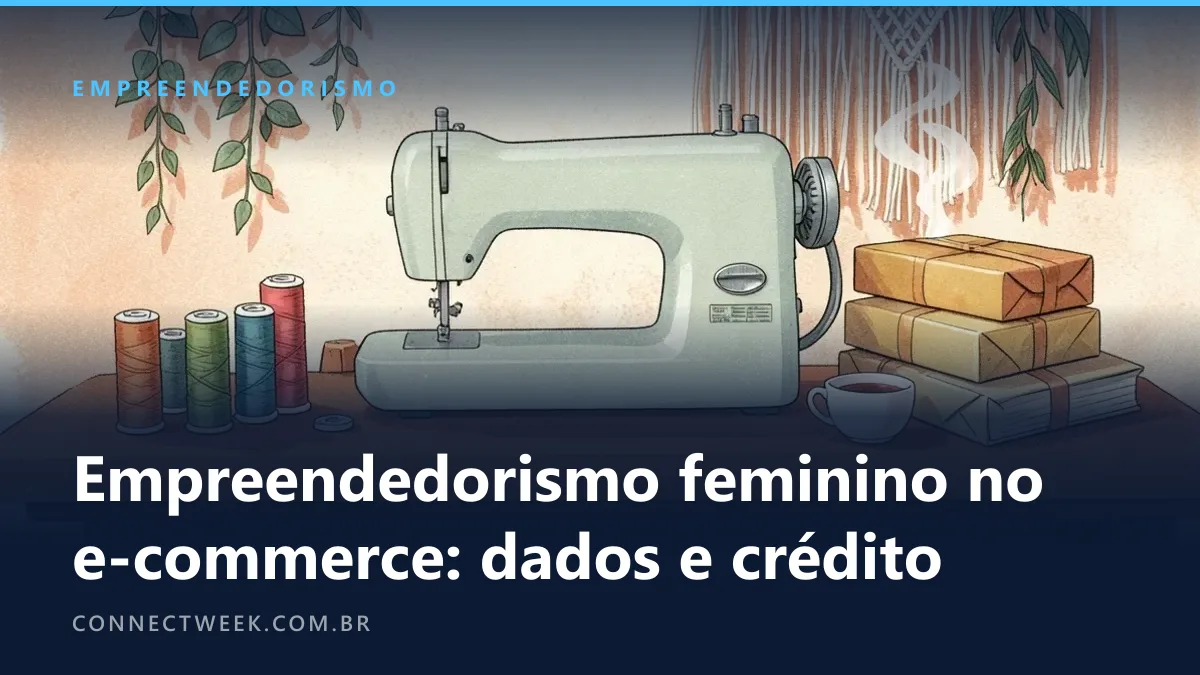 Ilustração boêmia de uma mesa de trabalho com máquina de costura, carretéis, pacotes prontos para envio e uma xícara de chá